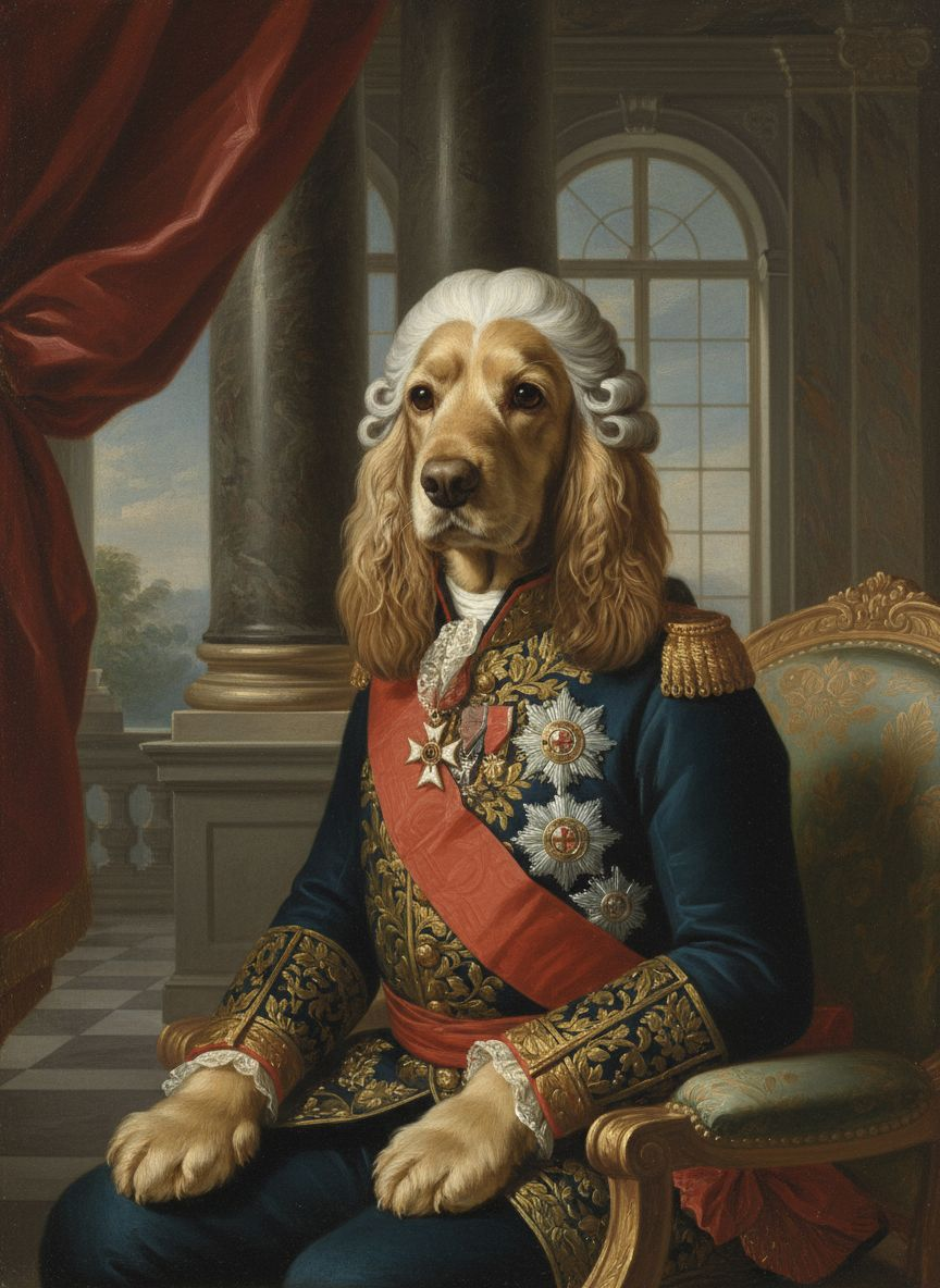 Dog as an 18th-century royal court aristocrat with powdered wig and uniform by Furresco